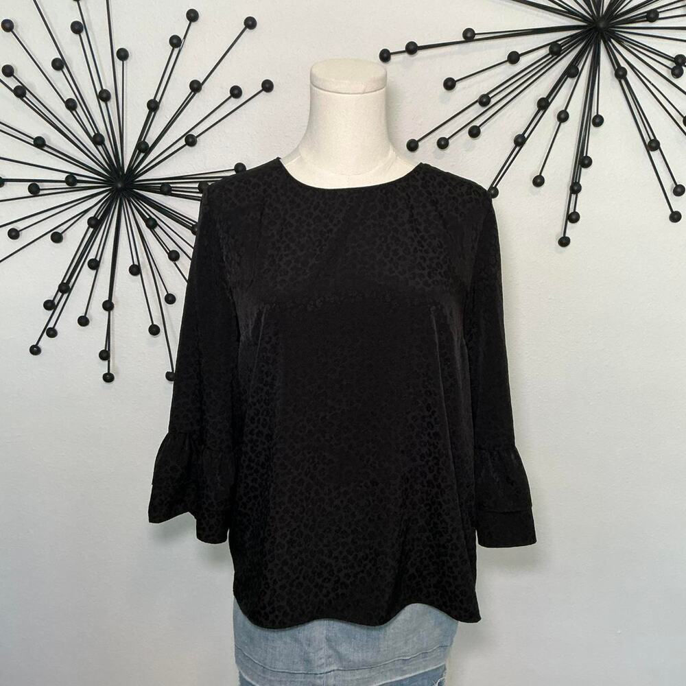 Lilly Pulitzer black leopard print blouse ruffle sleeve chic minimalist top